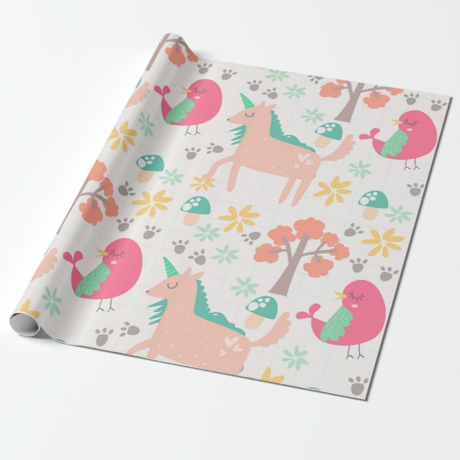 Cute cartoon unicorns and birds pattern wrapping paper (Unrolled)