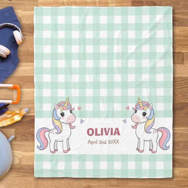 Cute Cartoon Unicorns Gingham Name Birth Fleece Blanket (Creator Uploaded)