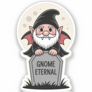 Cute Cartoon Vampire Gnome Standing at a Tombstone