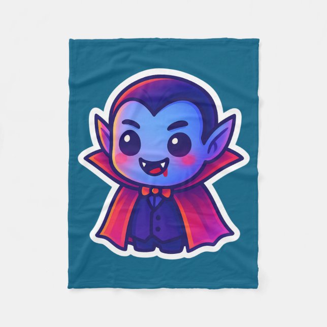 Cute Cartoon Vampire with Red Cape and Blue Skin Fleece Blanket (Front)