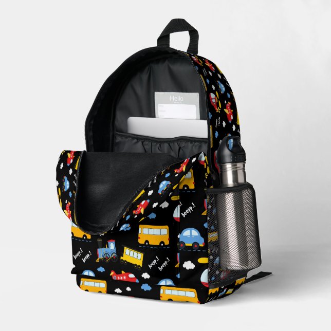 Cute Cartoon Vehicles Pattern  Printed Backpack (Back Corner Right (Open))