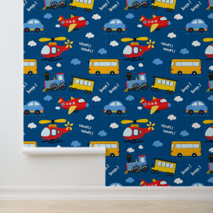 Cute Cartoon Vehicles Pattern Wallpaper