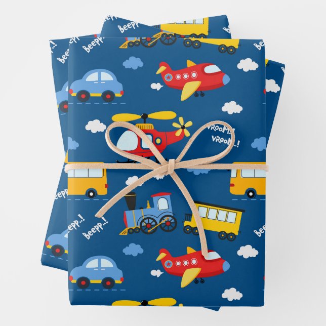 Cute Cartoon Vehicles Pattern  Wrapping Paper Sheet (In situ)