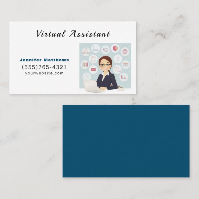 Cute Cartoon Virtual Assistant Secretary Office Business Card (Front/Back)
