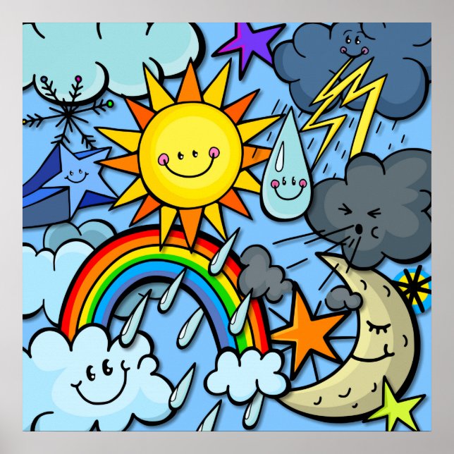 Cute Cartoon Weather Forecast Meterology Backdrop Poster (Front)