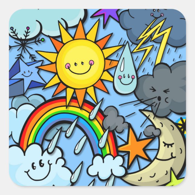 Cute Cartoon Weather Forecast Meterology Backdrop Square Sticker (Front)