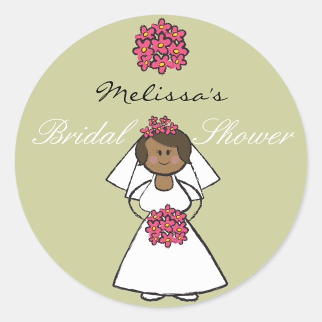 Cute Cartoon Wedding Bride Daisies Bridal Shower Classic Round Sticker (Front)