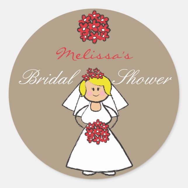 Cute Cartoon Wedding Bride Daisies Bridal Shower Classic Round Sticker (Front)
