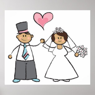 Cute Cartoon Wedding Couple Bride Groom Love Heart Poster