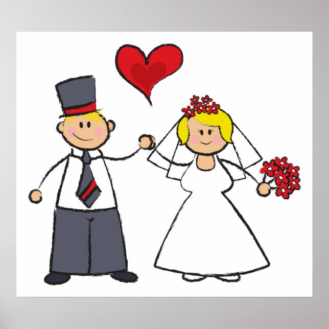 Cute Cartoon Wedding Couple Bride Groom Love Heart Poster (Front)