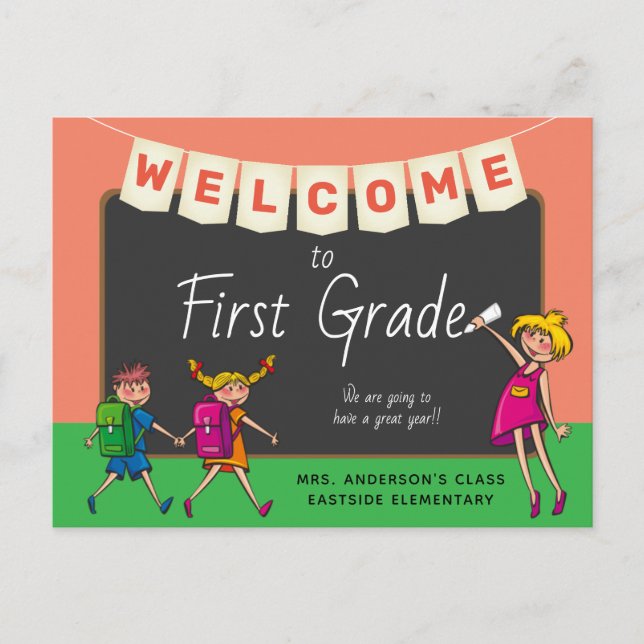 Cute Cartoon Welcome To First Grade Postcard (Front)