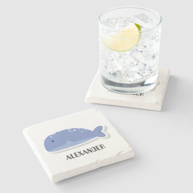 Cute Cartoon Whale Personalised Stone Coaster  (Side)