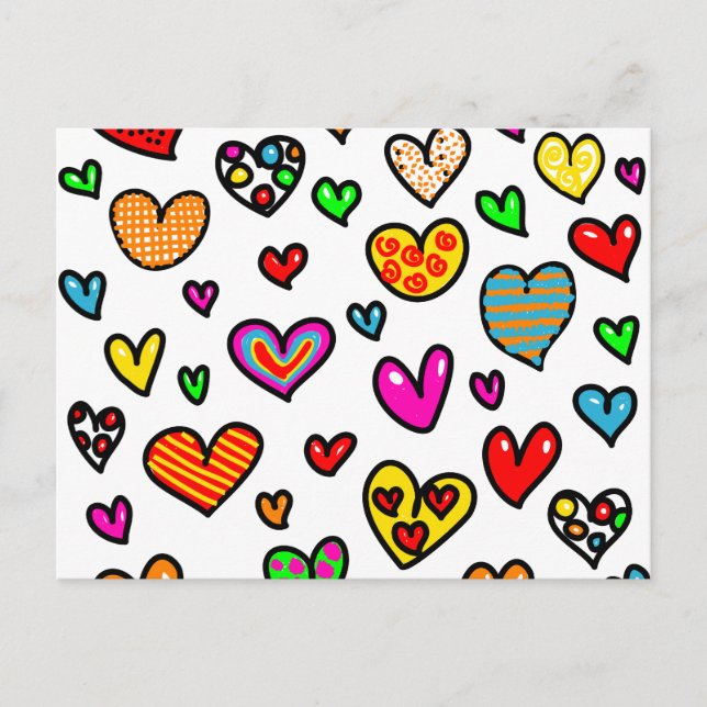 Cute Cartoon Whimsical Multi Love Heart Pattern Postcard (Front)