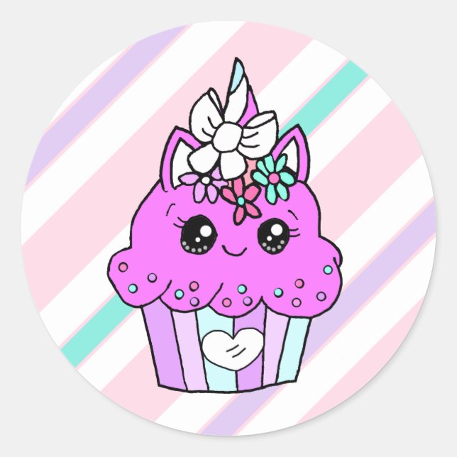 Cute Cartoon Whimsical Purple Unicorn Cupcake Classic Round Sticker (Front)
