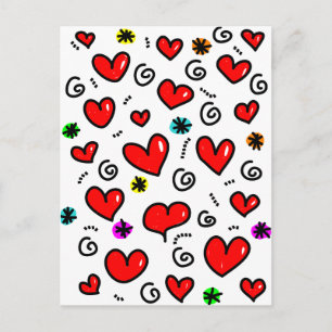 Cute Cartoon Whimsical Red Love Heart Pattern Postcard