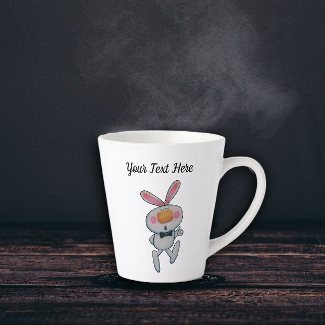 Cute Cartoon White Bunny Bow Tie Thumbs Up Sign Latte Mug (White bunny big orange nose wearing black tie giving thumbs up sign on latte mug.)