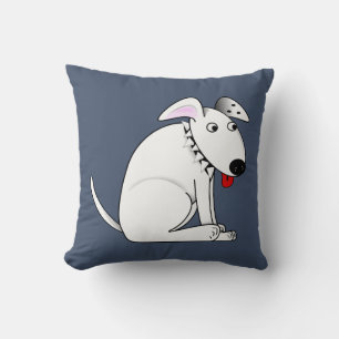Cute Cartoon White Dog, Collar, Blue Jeans Blue Cushion