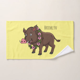 Cute cartoon wild boar and flowers bath towel set