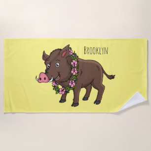 Cute cartoon wild boar and flowers beach towel