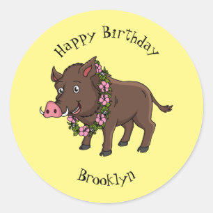 Cute cartoon wild boar and flowers classic round sticker