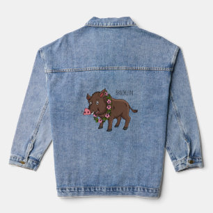 Cute cartoon wild boar and flowers denim jacket