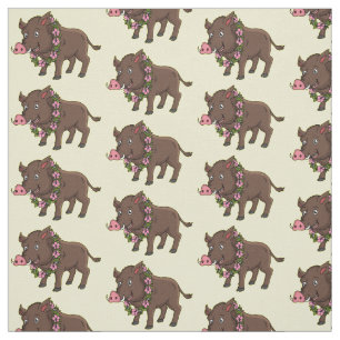 Cute cartoon wild boar and flowers  fabric