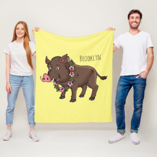 Cute cartoon wild boar and flowers fleece blanket