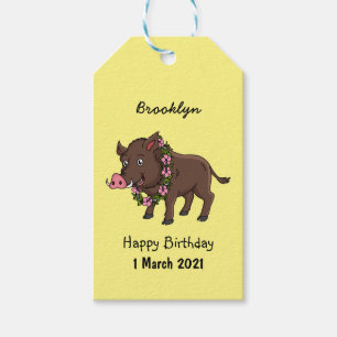 Cute cartoon wild boar and flowers gift tags