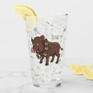 Cute cartoon wild boar and flowers glass