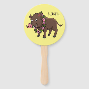 Cute cartoon wild boar and flowers hand fan