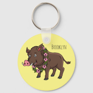 Cute cartoon wild boar and flowers  key ring