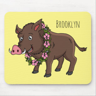 Cute cartoon wild boar and flowers mouse pad