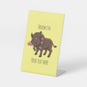 Cute cartoon wild boar and flowers pedestal sign