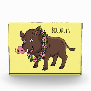 Cute cartoon wild boar and flowers photo block