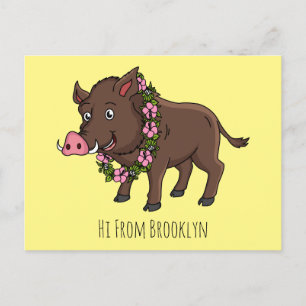 Cute cartoon wild boar and flowers postcard