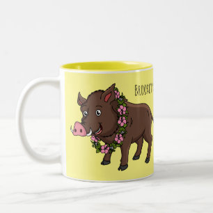 Cute cartoon wild boar and flowers Two-Tone coffee mug