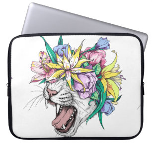 Cute cartoon wild cat head in a floral wreath. Bea Laptop Sleeve