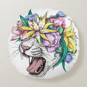Cute cartoon wild cat head in a floral wreath. Bea Round Cushion