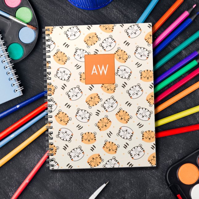 Cute cartoon wild tiger with monogram kids notebook (Creator Uploaded)