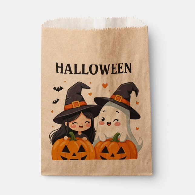 Cute Cartoon Witch and Ghost Halloween Favour Bag (Front)