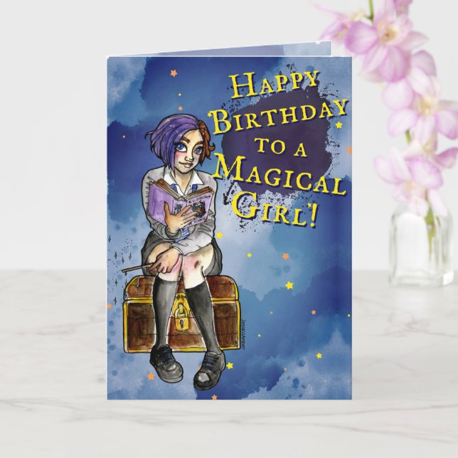 Cute Cartoon Witch Watercolor Teen Girl Birthday Card (Orchid)