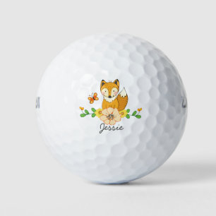 Cute Cartoon Woodland Fox and Flower Custom Name Golf Balls