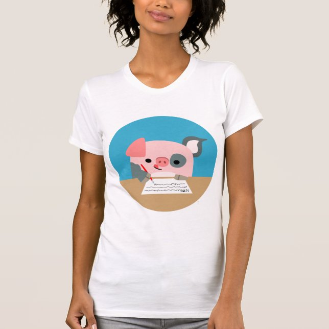 Cute Cartoon Writing Pig Women T-Shirt (Front)