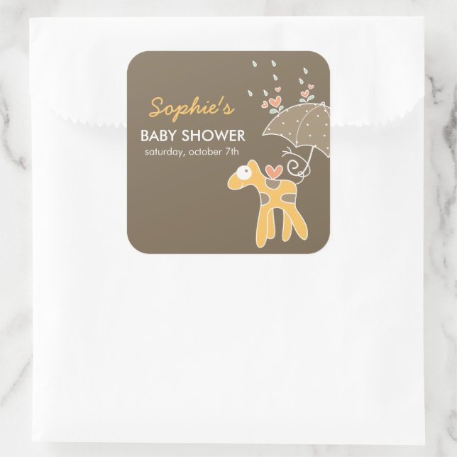 Cute Cartoon Yellow Giraffe & Umbrella Baby Shower Square Sticker (Bag)