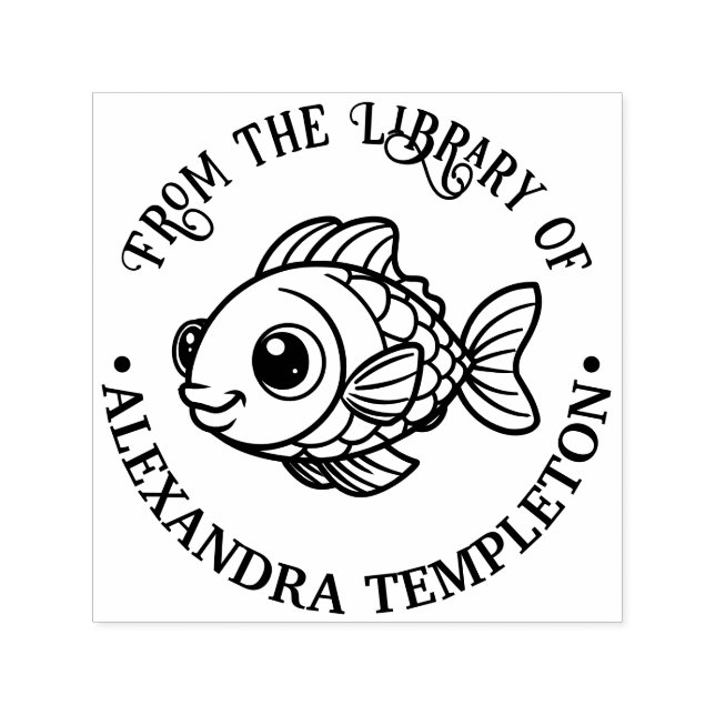Cute Cartoonish Puffy Fish Library Book Name Self-inking Stamp (Design)