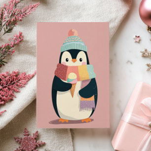 Cute Cartoony Penguin Eating Ice Cream New Year Postcard