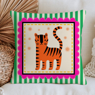 Cute Cartoony Tiger on Green Stripes Colourful Cushion