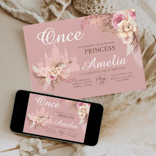 Cute Castle Flower Pampas Princess 1st Birthday  Invitation