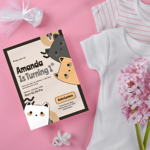 Cute Cat 1st Birthday Invitation