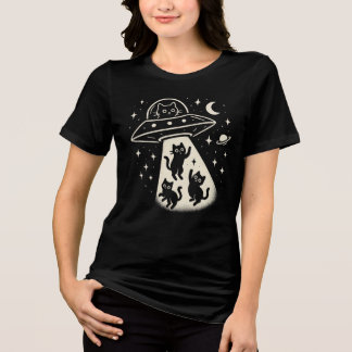 Cute Cat Alien UFO Abduction Cartoon Graphic  Tri-Blend Shirt